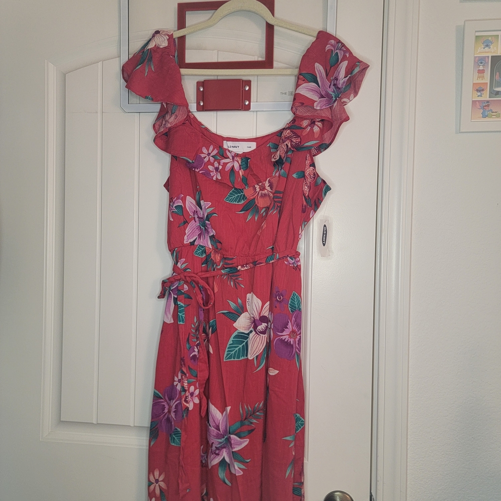 Old Navy Red Floral Mid Calf Length Dress, Favric Tie Belt, XL NWT